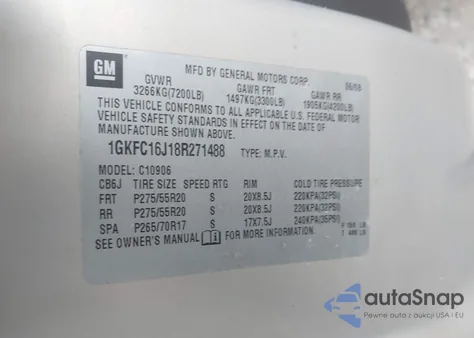 2008 GMC Yukon Xl 1500 Slt из США, поврежденный, VIN 1GKFC16J18R271488